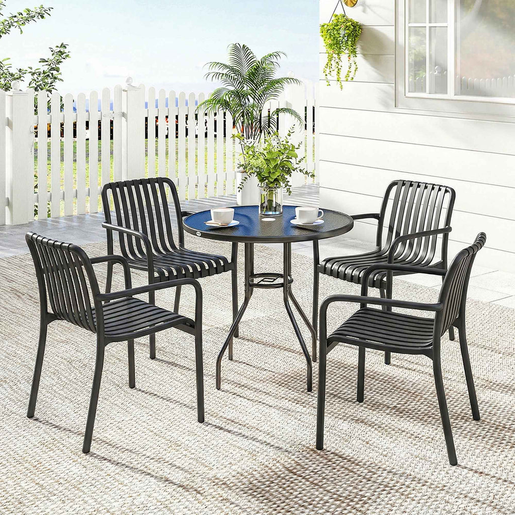 Outsunny Set of 4 Stackable Patio Chairs, Outdoor Dining Chairs with Curved Backrest, Slatted Seat and Armrests
