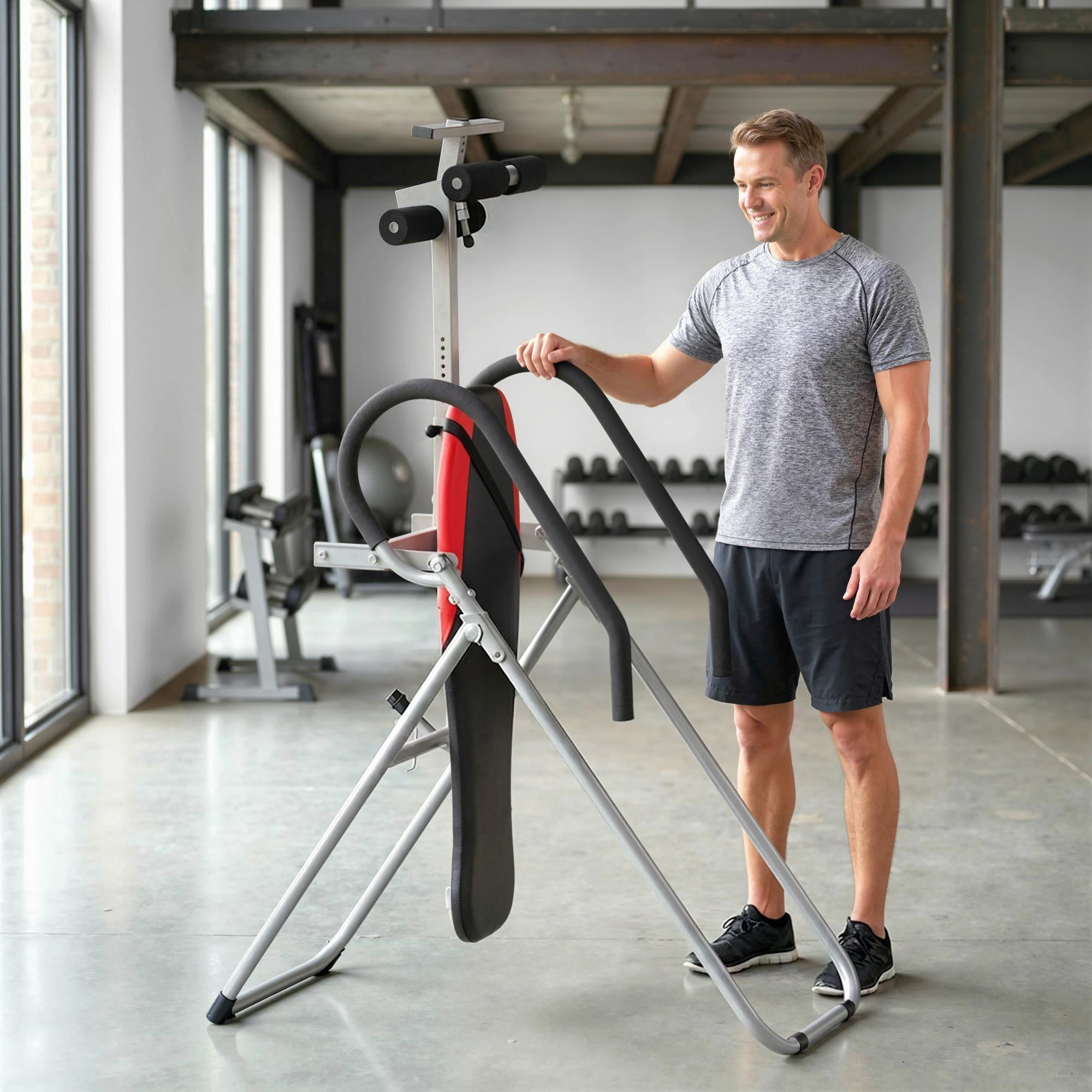 SPORTNOW Folding and Adjustable Inversion Bench with Safety Belt, Steel, 122x59x130 cm, Red and Black