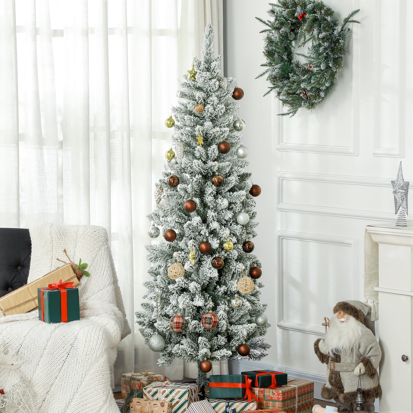 CHRISTMAS TREE - 180cm Christmas Tree with 479 Snowy Branches, Tall and Narrow Design with Folding Base, Green