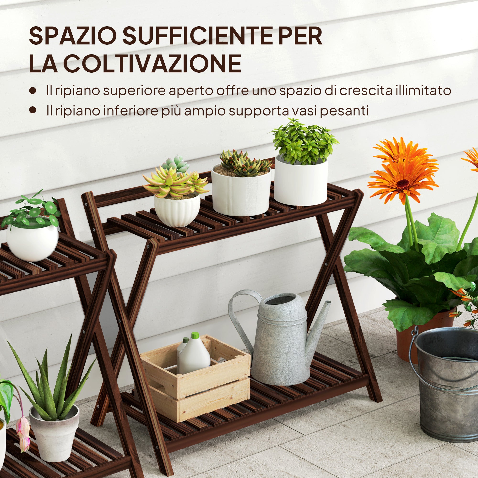 Set of 2 2-Tier Plant Holders with Slatted Design in Fir Wood, 73x36x64 cm, Burnt Brown