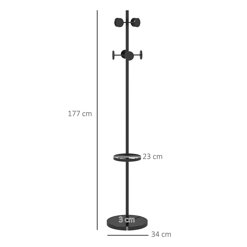 HOMCOM Floor Coat Hanger with Umbrella Holder and 8 Metal Disc Hooks Ø34 x 177cm, Black - Borgè