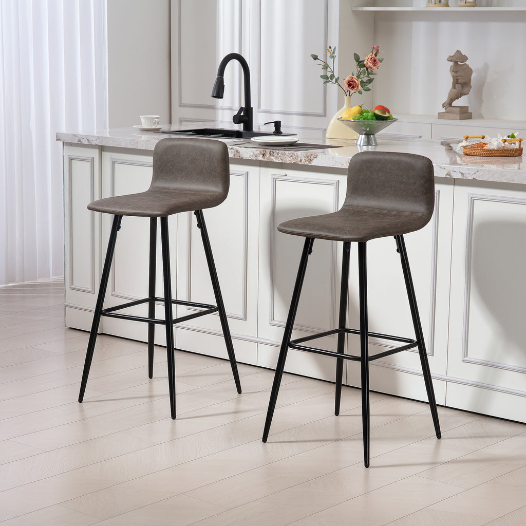 Set of 2 Bar Stools with Low Backrest and Footrest, PU Upholstery and Steel Legs, Dark Brown
