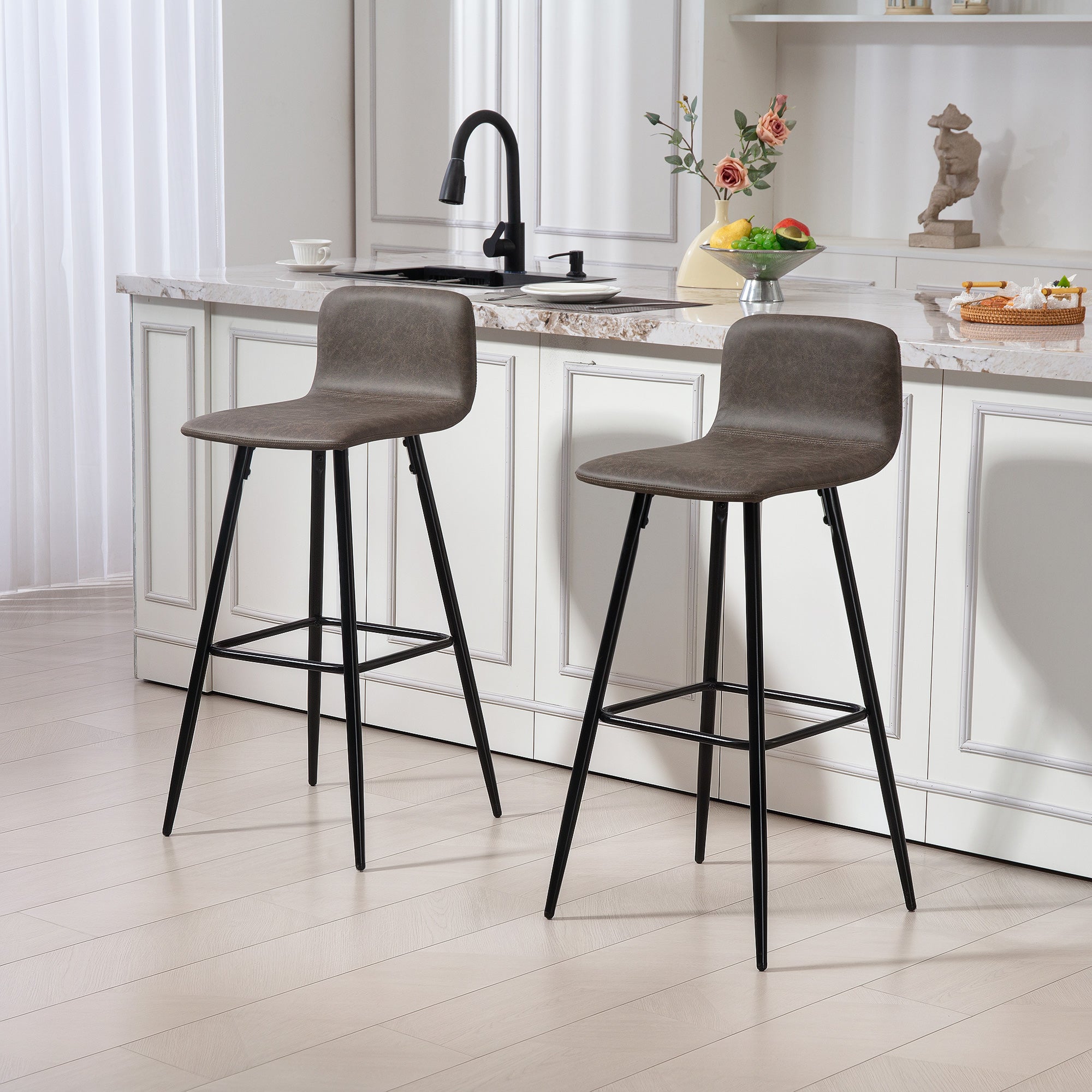 Set of 2 Bar Stools with Low Backrest and Footrest, PU Upholstery and Steel Legs, Dark Brown
