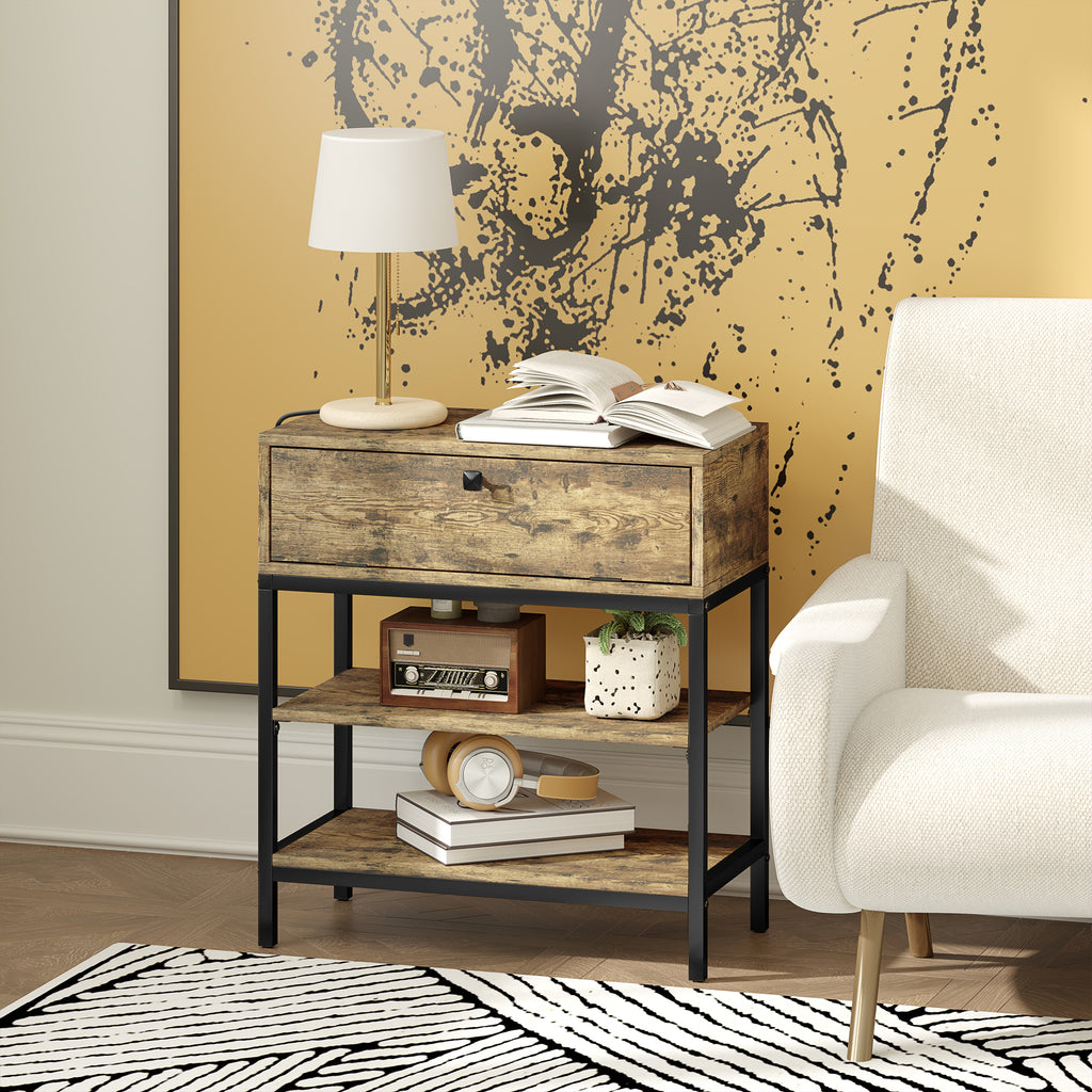 Sofa Table with Drawer and 2 Shelves Industrial Style, in Wood and Metal, 60x30x66.5 cm, Black and Brown