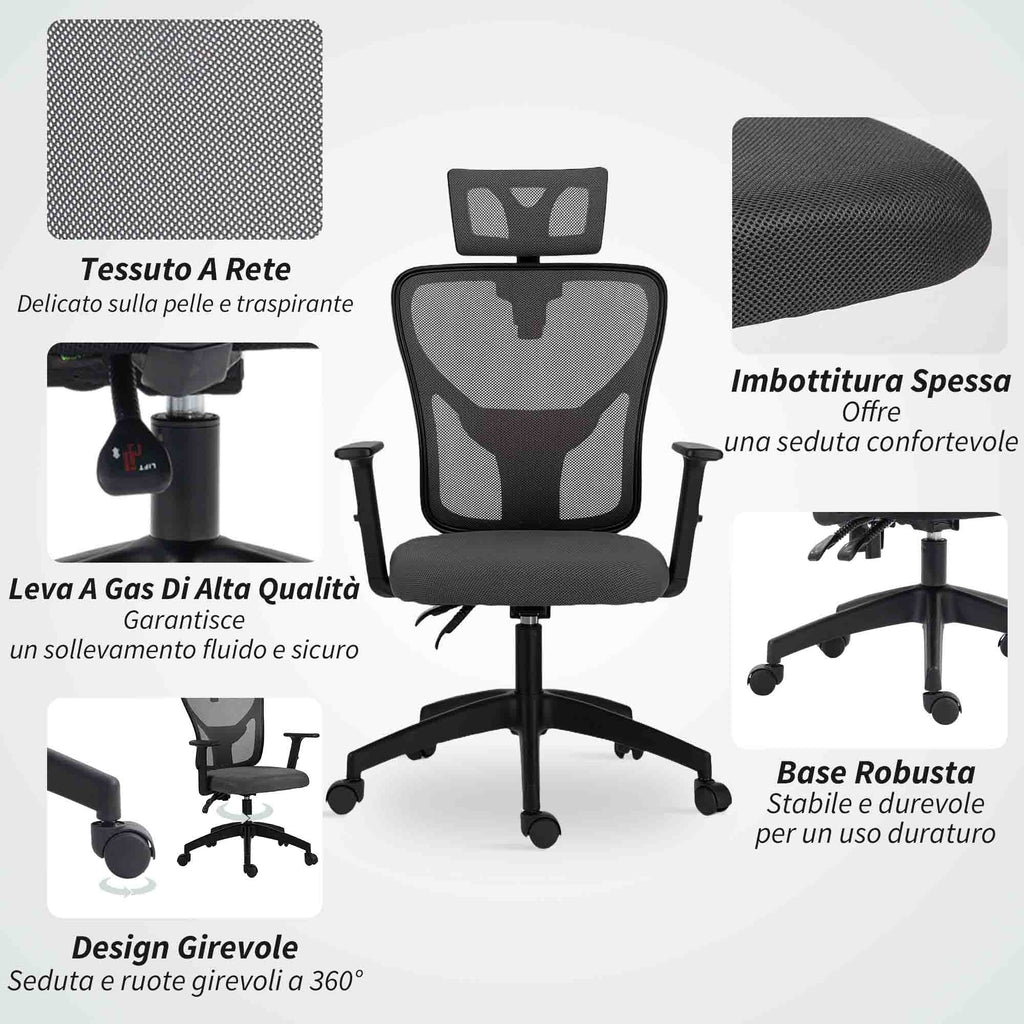 Ergonomic and Adjustable Office Chair with Lumbar Support and Headrest, 66x61x106-116 cm, Grey