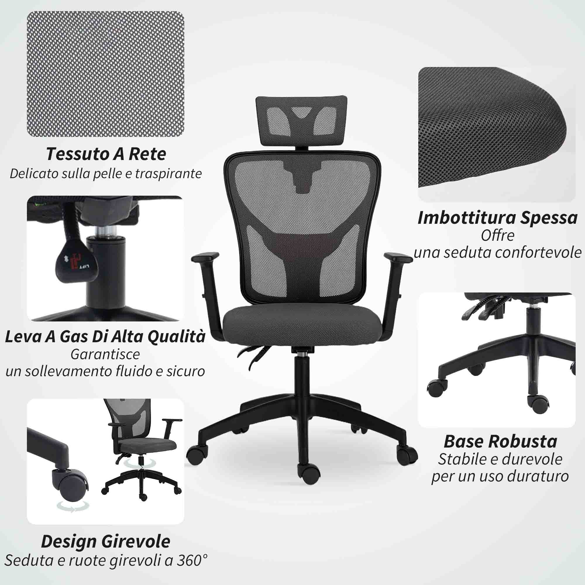 Ergonomic and Adjustable Office Chair with Lumbar Support and Headrest, 66x61x106-116 cm, Grey