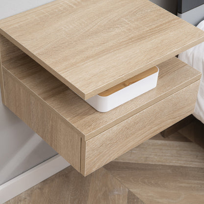 Set of 2 Modern Suspended Bedside Tables for the Bedroom with Drawer and Top Shelf in Wood 35x32x22.5cm, Oak