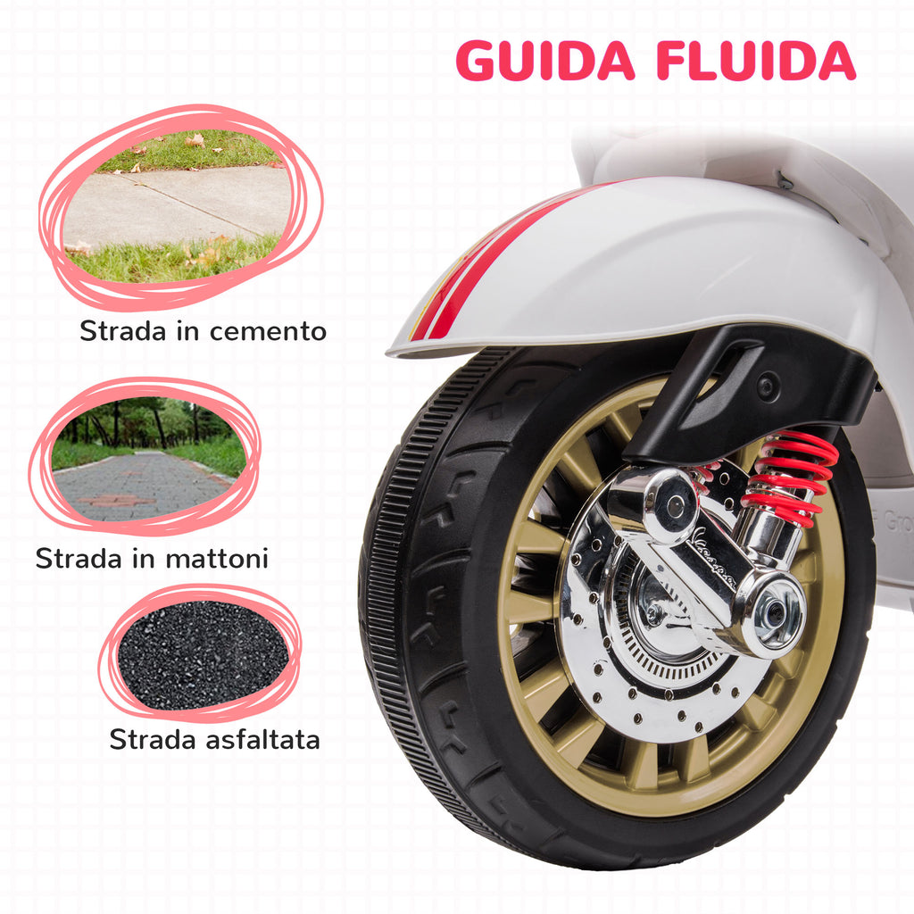 Licensed Children's Electric Motorcycle Vespa with Wheels, Headlight and Music, in PP and Metal, 107x47x73 cm, White