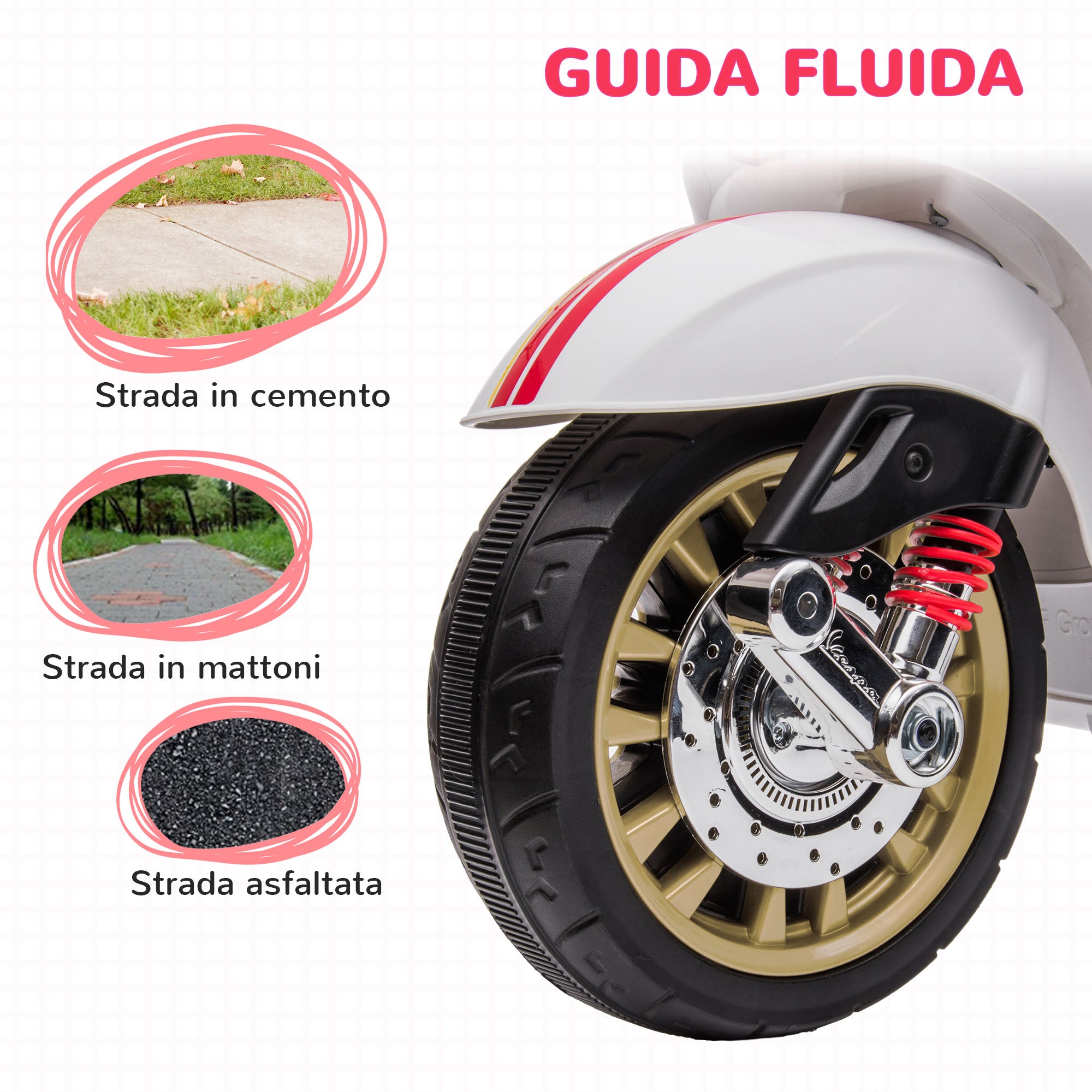 Licensed Children's Electric Motorcycle Vespa with Wheels, Headlight and Music, in PP and Metal, 107x47x73 cm, White