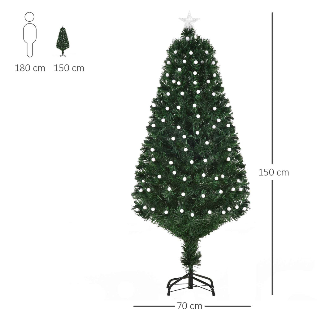 150cm Artificial Christmas Tree with 170 LED Lights and Fiber Optic Lights, Christmas Tree with Built-in Lights and 170 Branches and Foldable Metal Base, Green