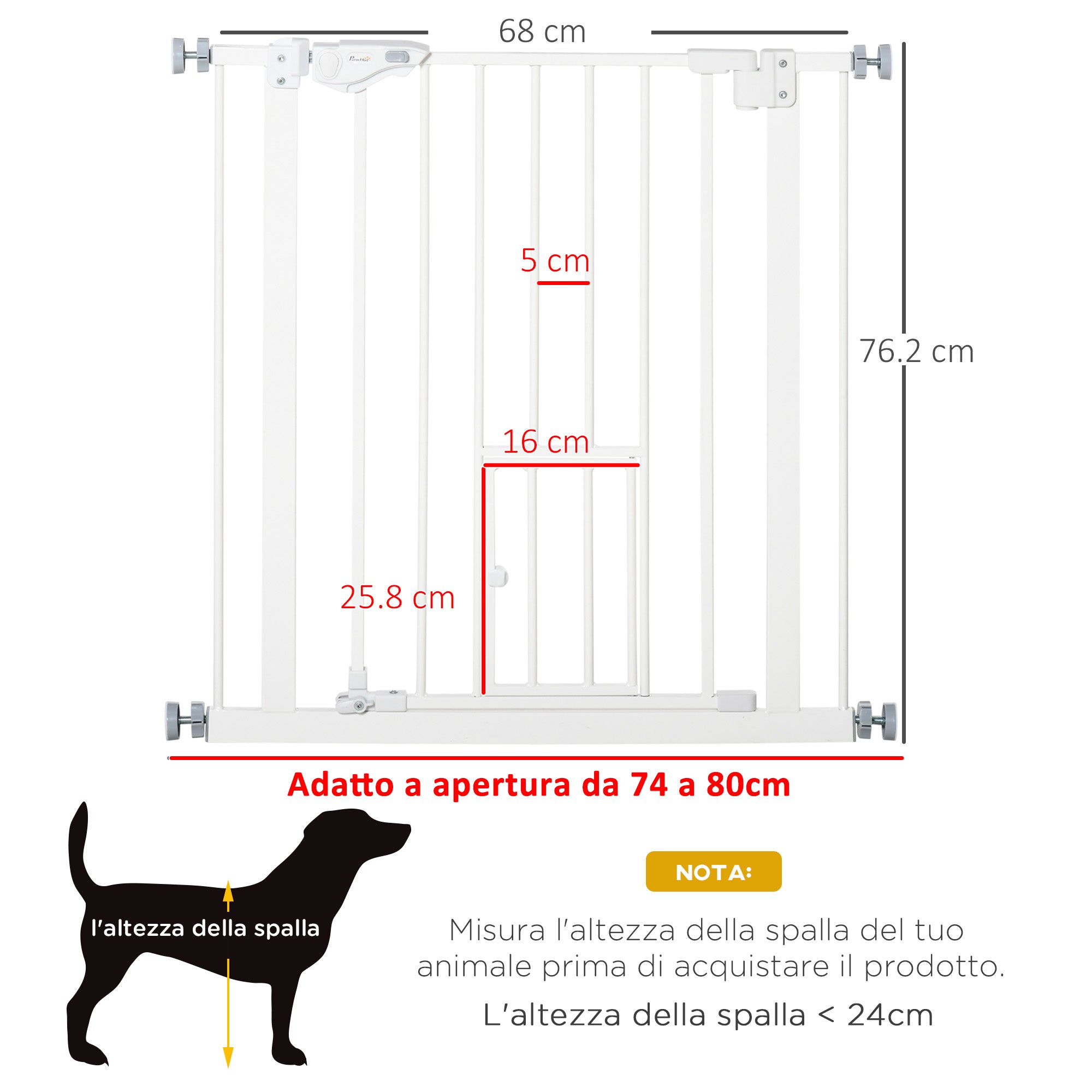 Dog Gate with Small Door, Pressure Fit and Self-Closing, 74-80x76.2cm, White