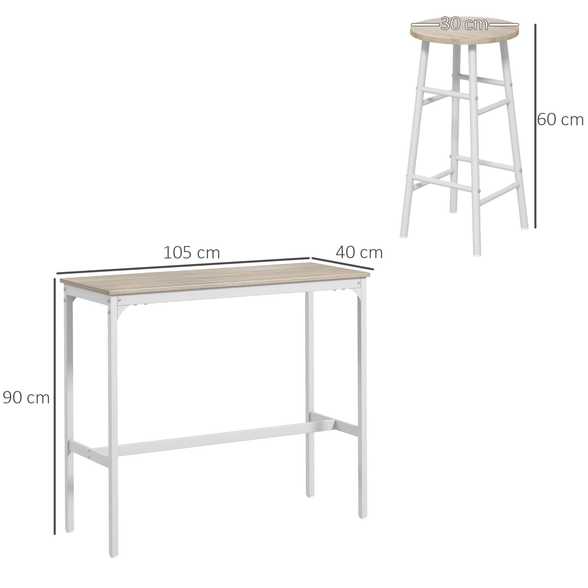 Industrial Style High Table and 2 Bar Stools with Footrest, White and Oak