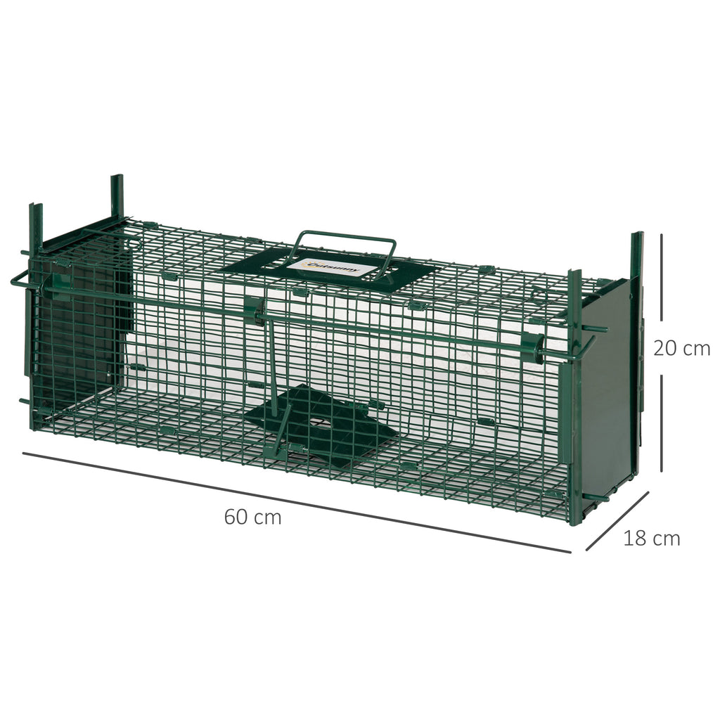 Trap Cage for Small Live Animals with Double Door and Handle, 60x18x20cm, Dark Green