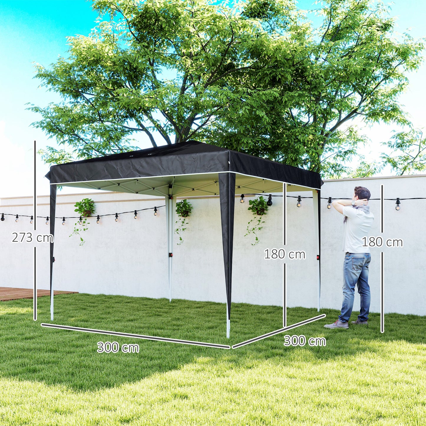 Gazebo 3x3m for 6-9 People Adjustable Height with Drainage Holes, in Metal and Black Oxford Fabric