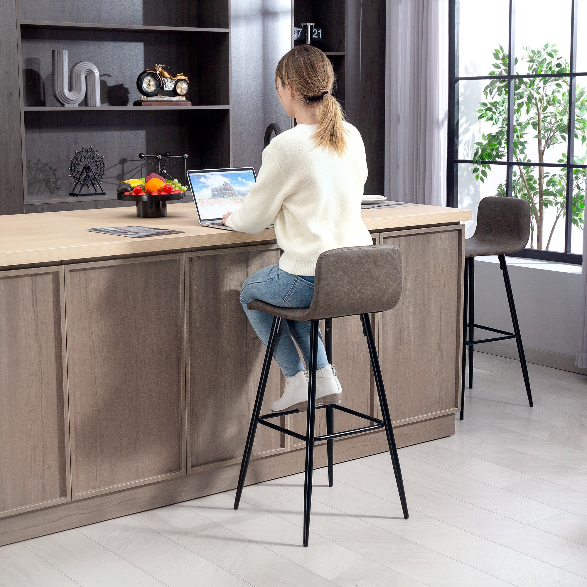 Set of 2 Bar Stools with Low Backrest and Footrest, PU Upholstery and Steel Legs, Dark Brown