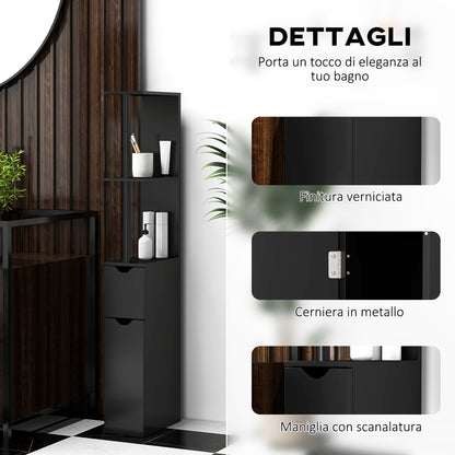 Bathroom Column with 2 Shelves and 2 Cabinets, Space-Saving Tall Cabinet 15.2x29.8x118 cm, Black