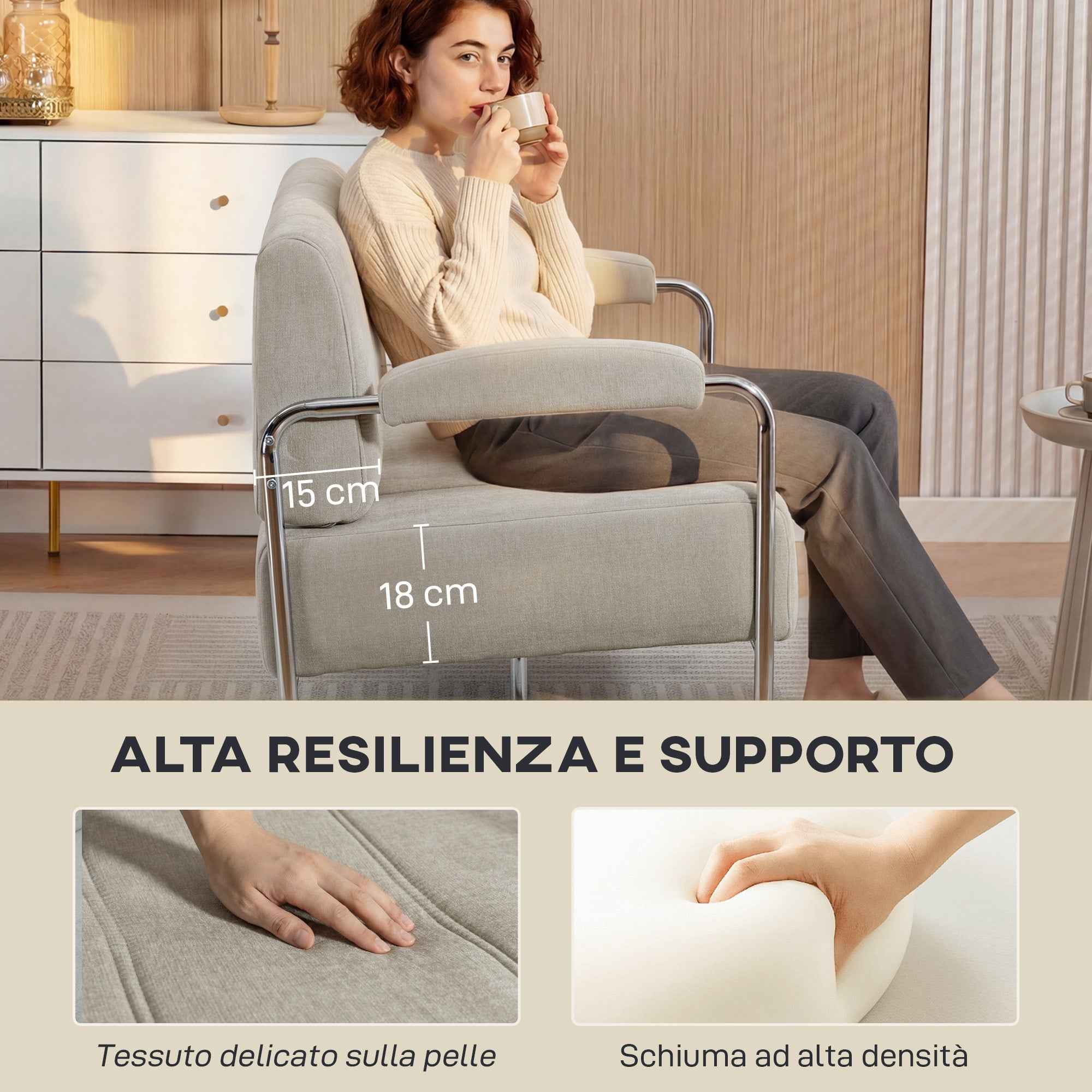 HOMCOM 3-Seater Modern Sofa Upholstered in Beige Chenille, Made of Steel, Sponge and Plywood, 174x75x76 cm