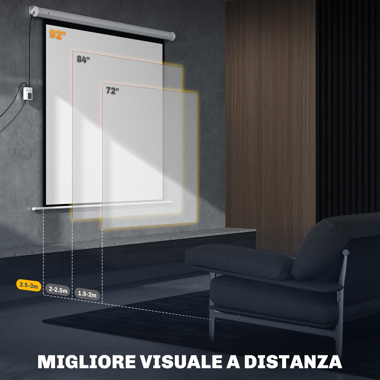 Motorized Projector Screen 92'' with Remote Control, Plastic and Metal, 189.5x8x189.5 cm, White