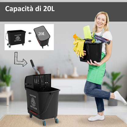 20L PP Plastic Cleaning Trolley with Bucket and Wringer, 60x27x70.5 cm, Black