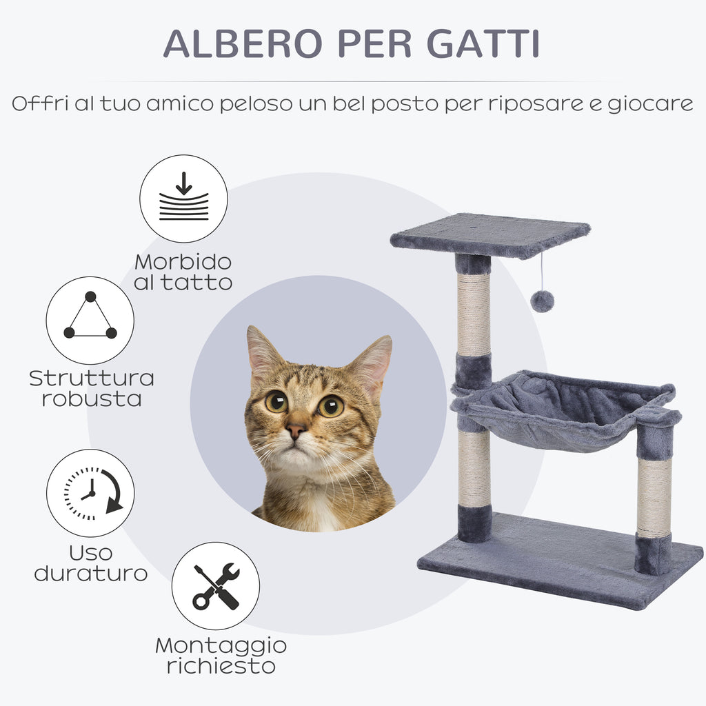 Multi-Level Cat Scratching Post with Hammock and Ball, Wood and Plush, 50x36x70cm, Grey