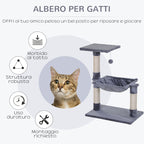 Multi-Level Cat Scratching Post with Hammock and Ball, Wood and Plush, 50x36x70cm, Grey