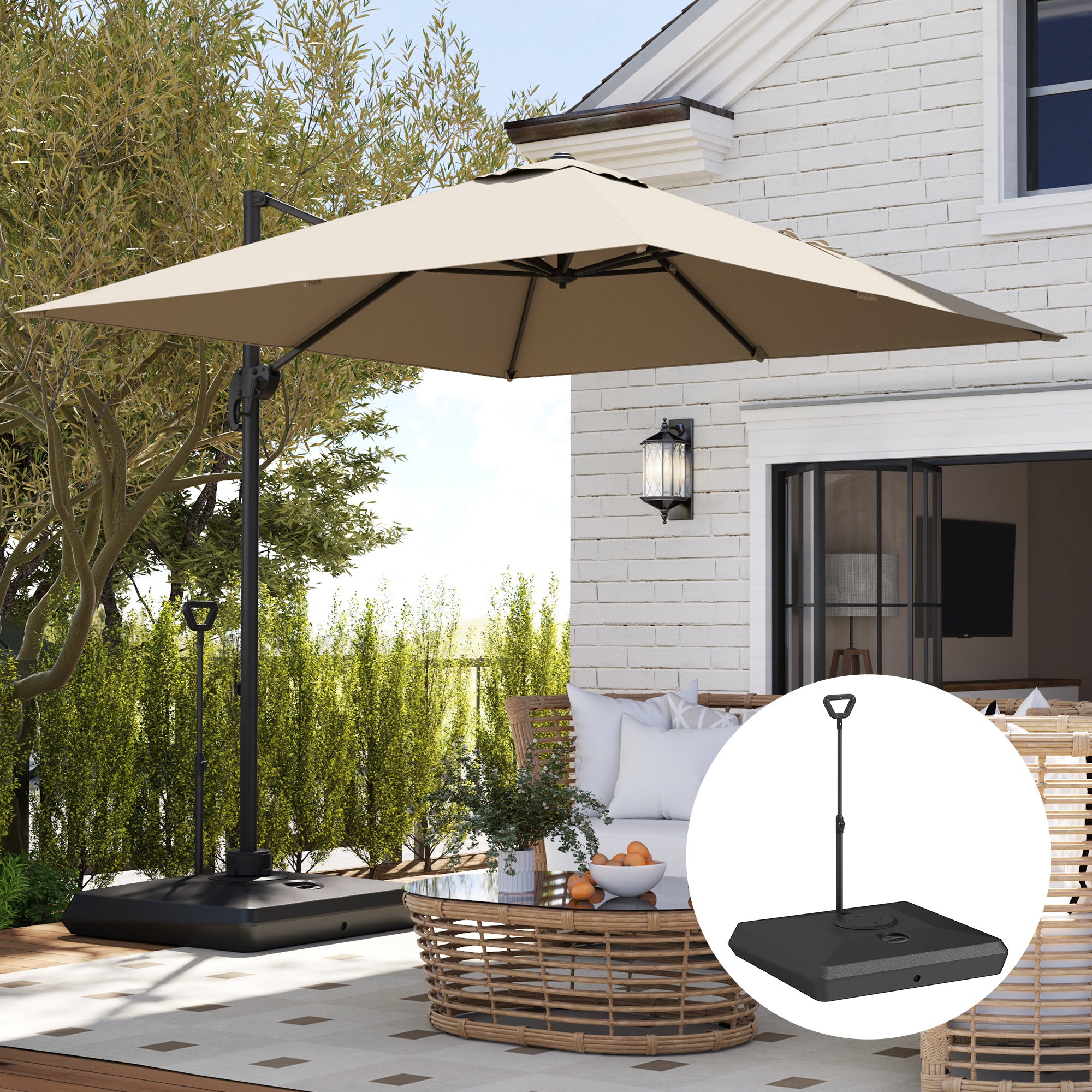 HDPE Cantilever Umbrella Base with Handle and Wheels and Fillable with Water or Sand, 95x95x117 cm, Black