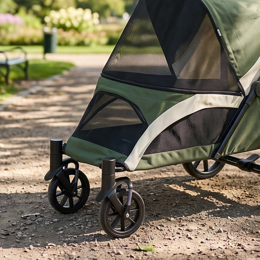 PawHut Medium Dog Stroller, Foldable with Mesh Windows, Cushion and Leash, 124 x 67 x 100 cm, Dark Green