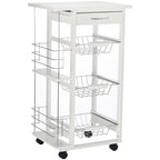 Space-Saving Kitchen Island Cart in Pine Wood, Food Cart with 4 Wheels, Drawer, 3 Pull-Out Baskets, Fruit Bowl, White