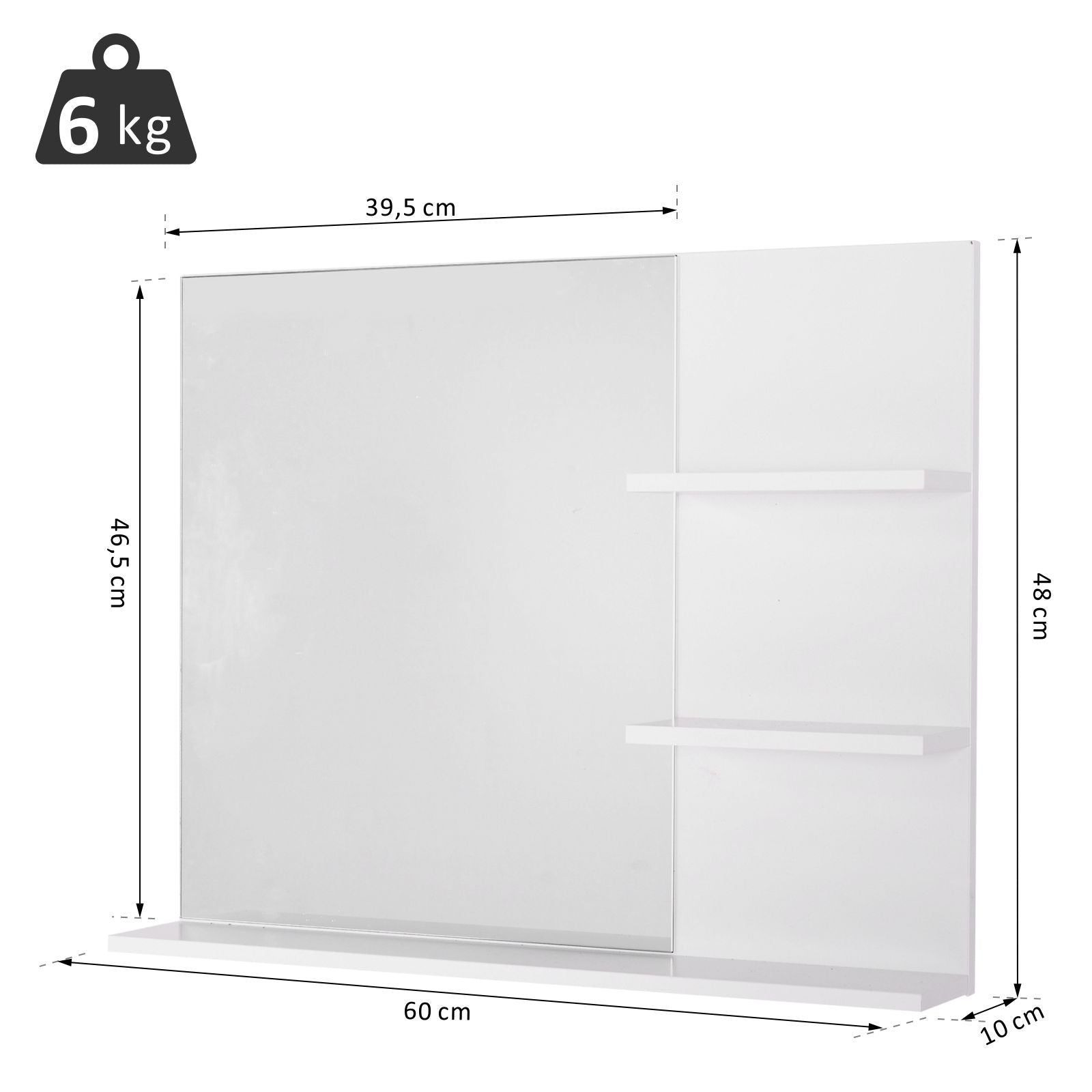 kleankin Bathroom Wall Cabinet 60 x 10 x 48cm, with Mirror and 3 Shelves, White MDF Wall Cabinet
