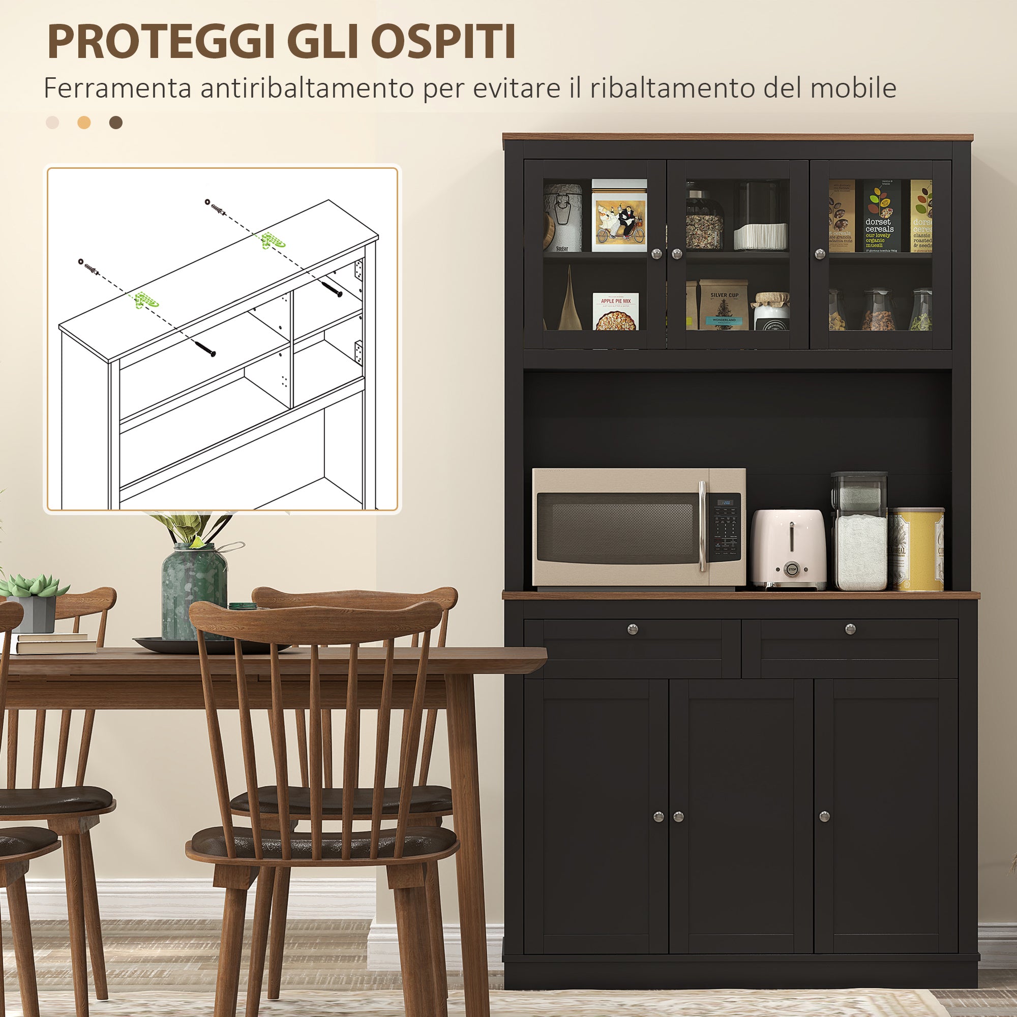 Tall Kitchen Sideboard with 4 Cabinets, 2 Drawers and Central Top, 100x40x180 cm, Black