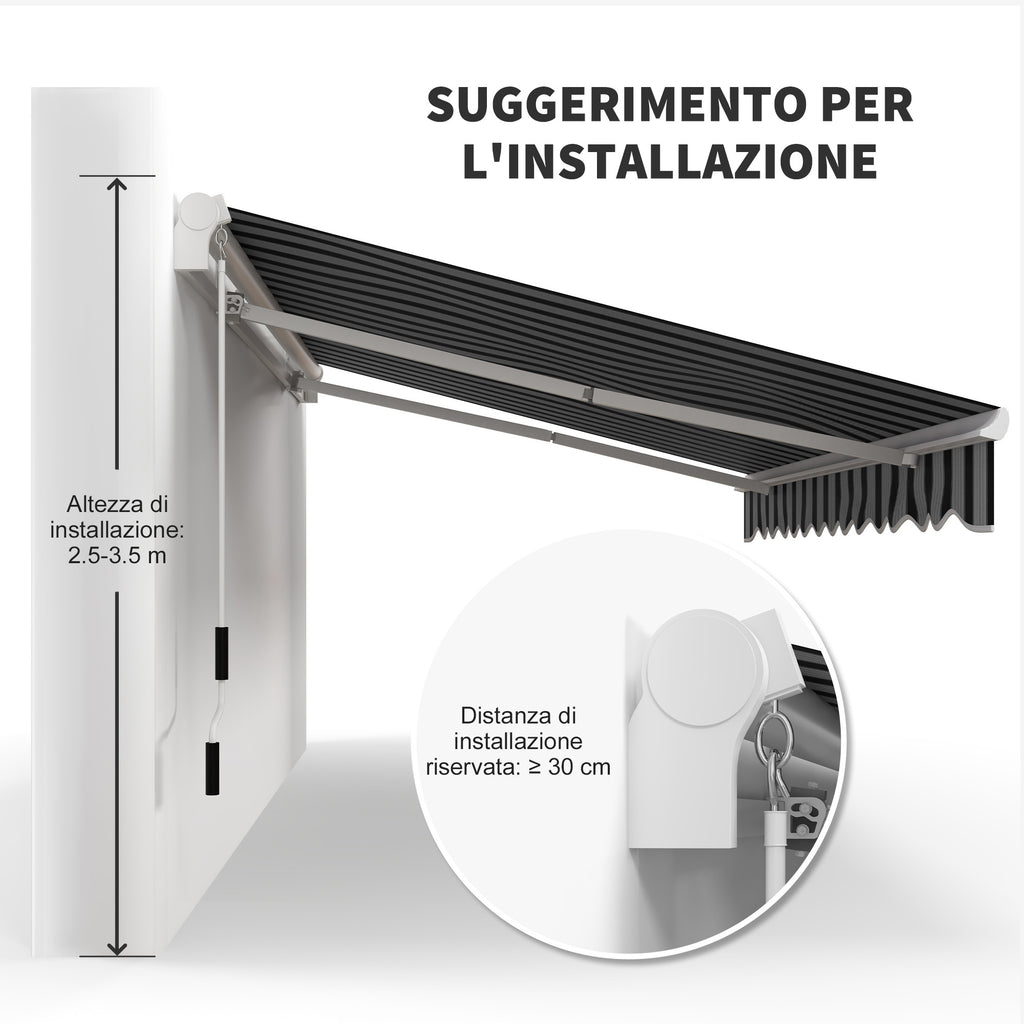 Extendable Outdoor Sun Shade Awning in Aluminum and Polyester with Crank, 395x245 cm, Blue and White