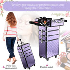 Professional Makeup Case, Aluminum Travel Makeup Trolley, 2 Wheels, Purple 33.5x23x76/95.5cm