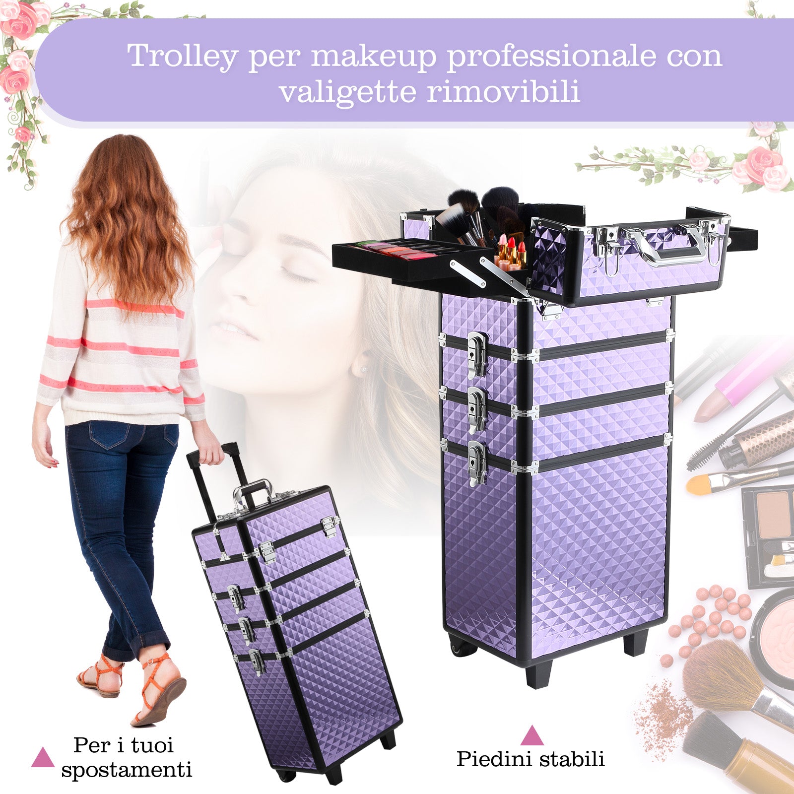 Professional Makeup Case, Aluminum Travel Makeup Trolley, 2 Wheels, Purple 33.5x23x76/95.5cm
