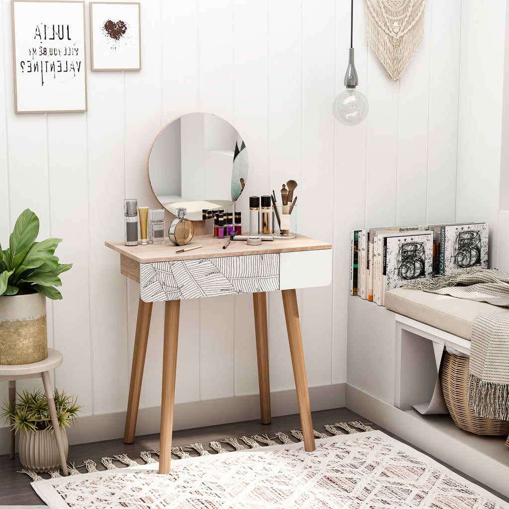 Dressing Table with Circular Mirror Ф39cm, Makeup Console with Drawer in Jungle Decor, White and Oak, 70x39x119-128cm