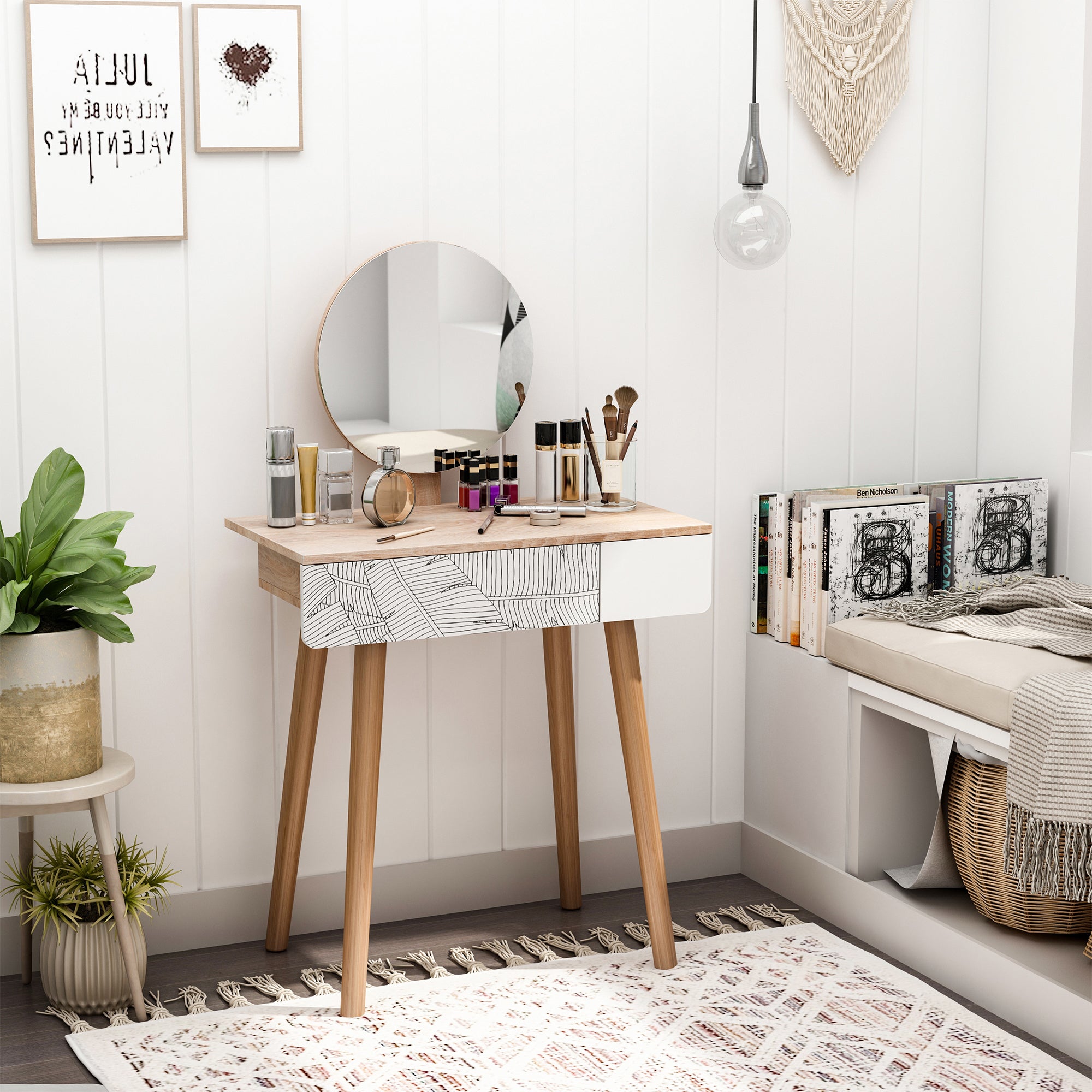 Dressing Table with Circular Mirror Ф39cm, Makeup Console with Drawer in Jungle Decor, White and Oak, 70x39x119-128cm