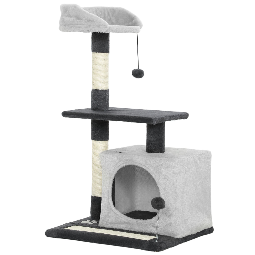 Cat Tree, 85 cm Tall, with House, Bed, Posts and Scratching Mat, Grey