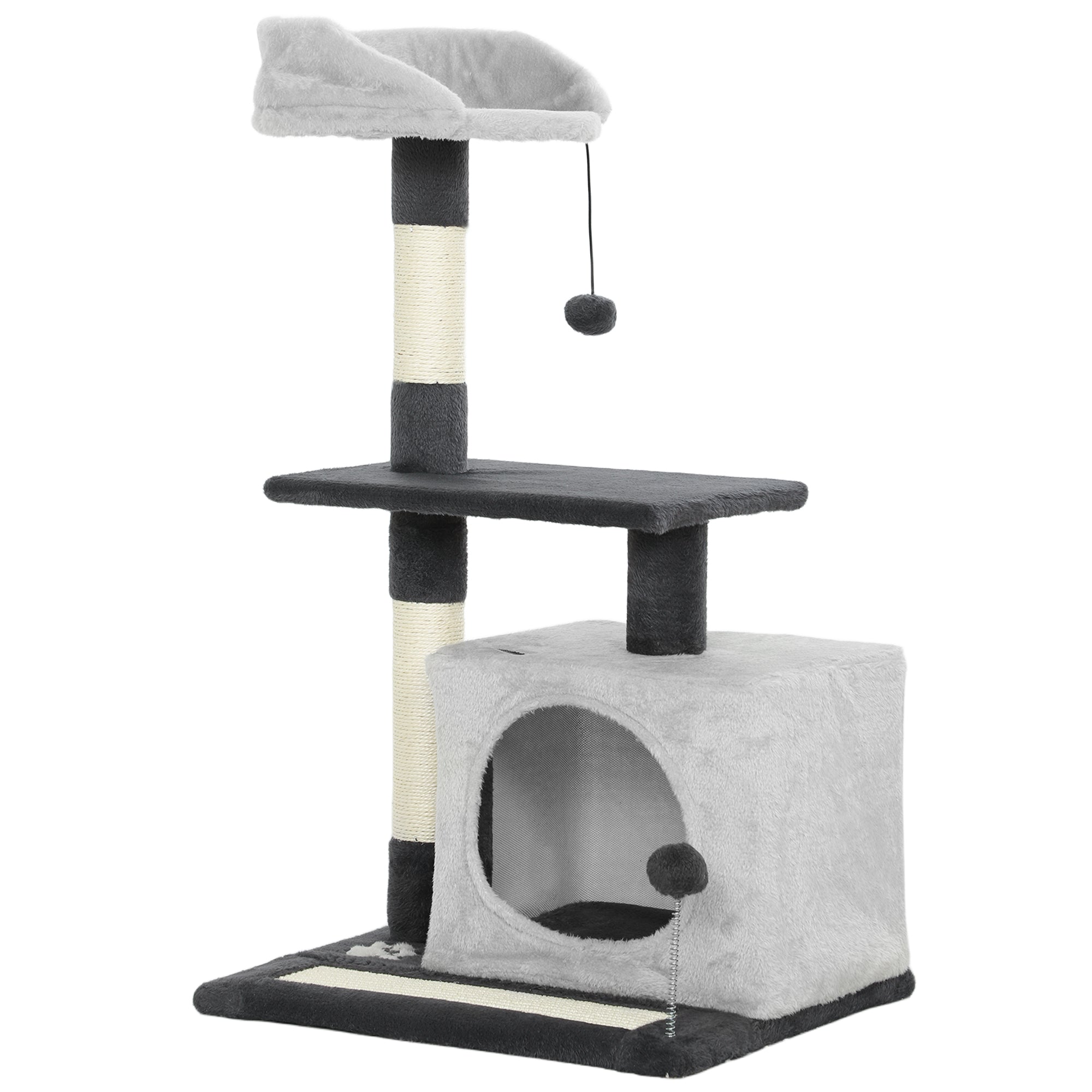 Cat Tree, 85 cm Tall, with House, Bed, Posts and Scratching Mat, Grey