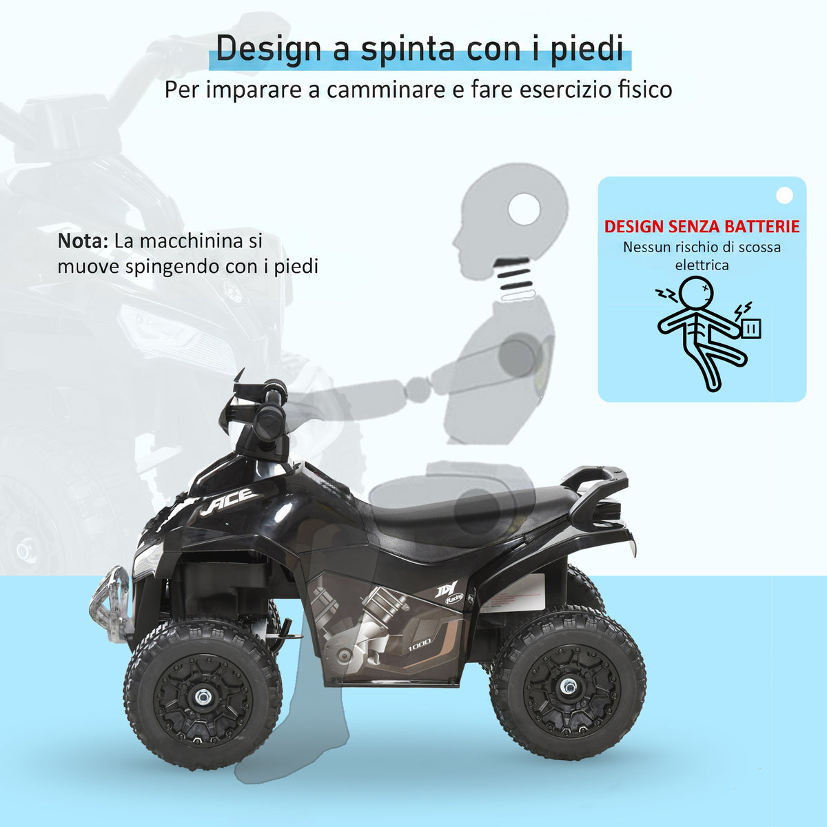 HOMCOM Mini Quad Bike for Children 18-36 Months, Manual Push with Built-in Music and Large PP and Metal Handle, Black