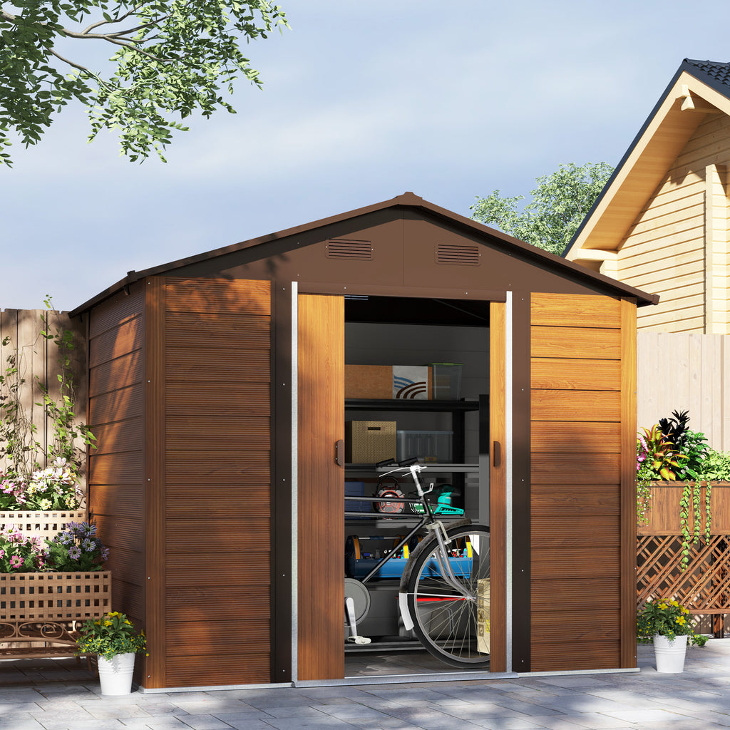 Wood Effect Steel Garden Shed with Double Sliding Doors, 236x196x208 cm, Brown