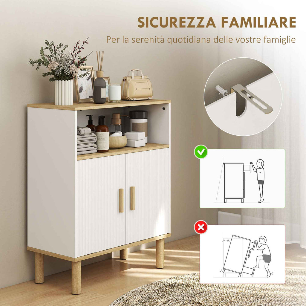 HOMCOM Freestanding Bathroom Cabinet with Adjustable Shelf, White and Natural Wood