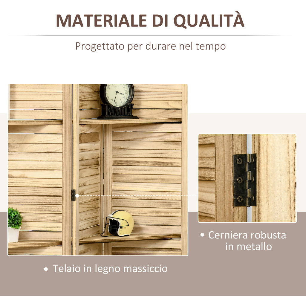 4-Panel Folding Room Divider with Shelves, Paulownia Wood, 162 x 170 cm, Wood