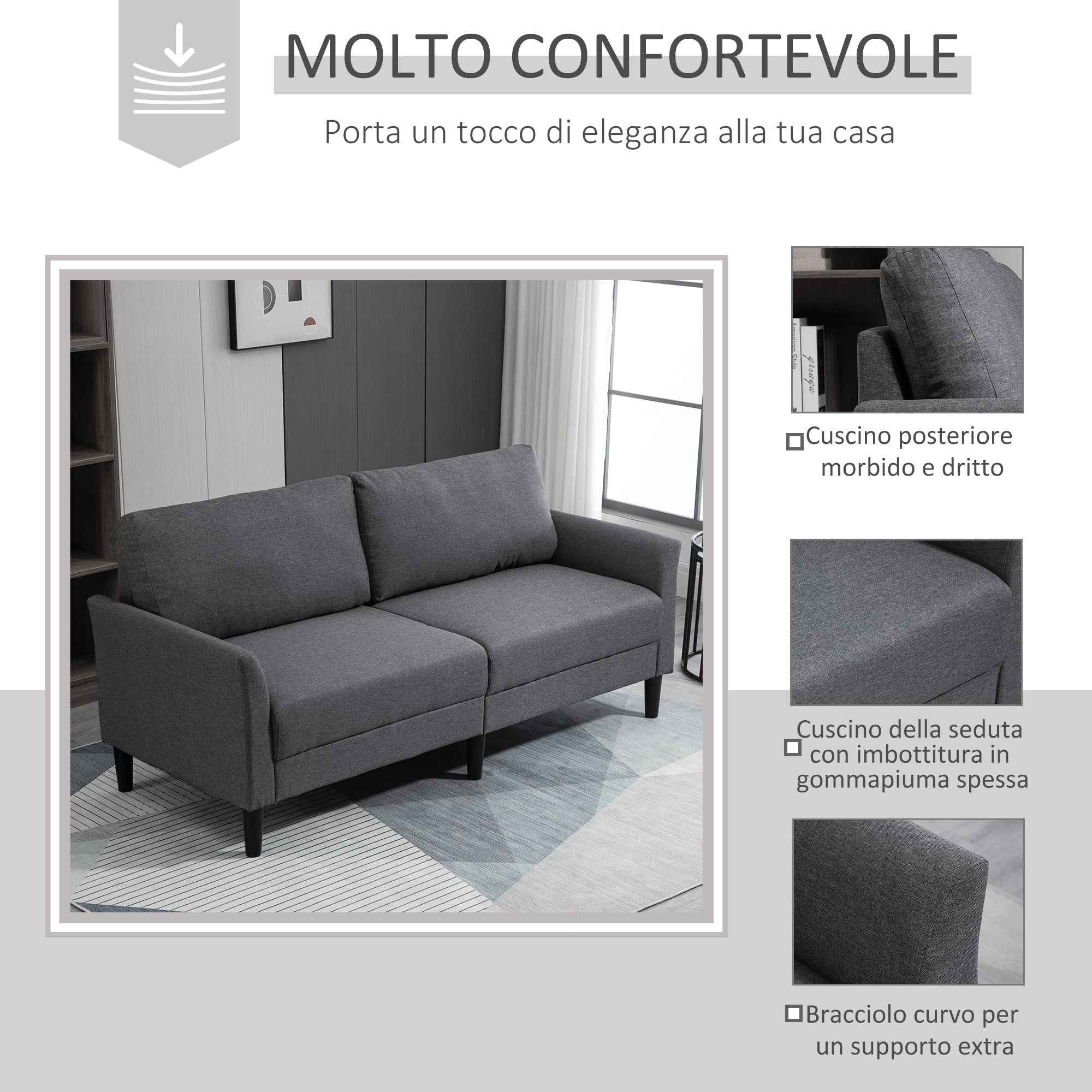 HOMCOM 3-Seater Fabric Sofa with Deep Seat and Thick Padding, 191x79x87 cm, Dark Grey