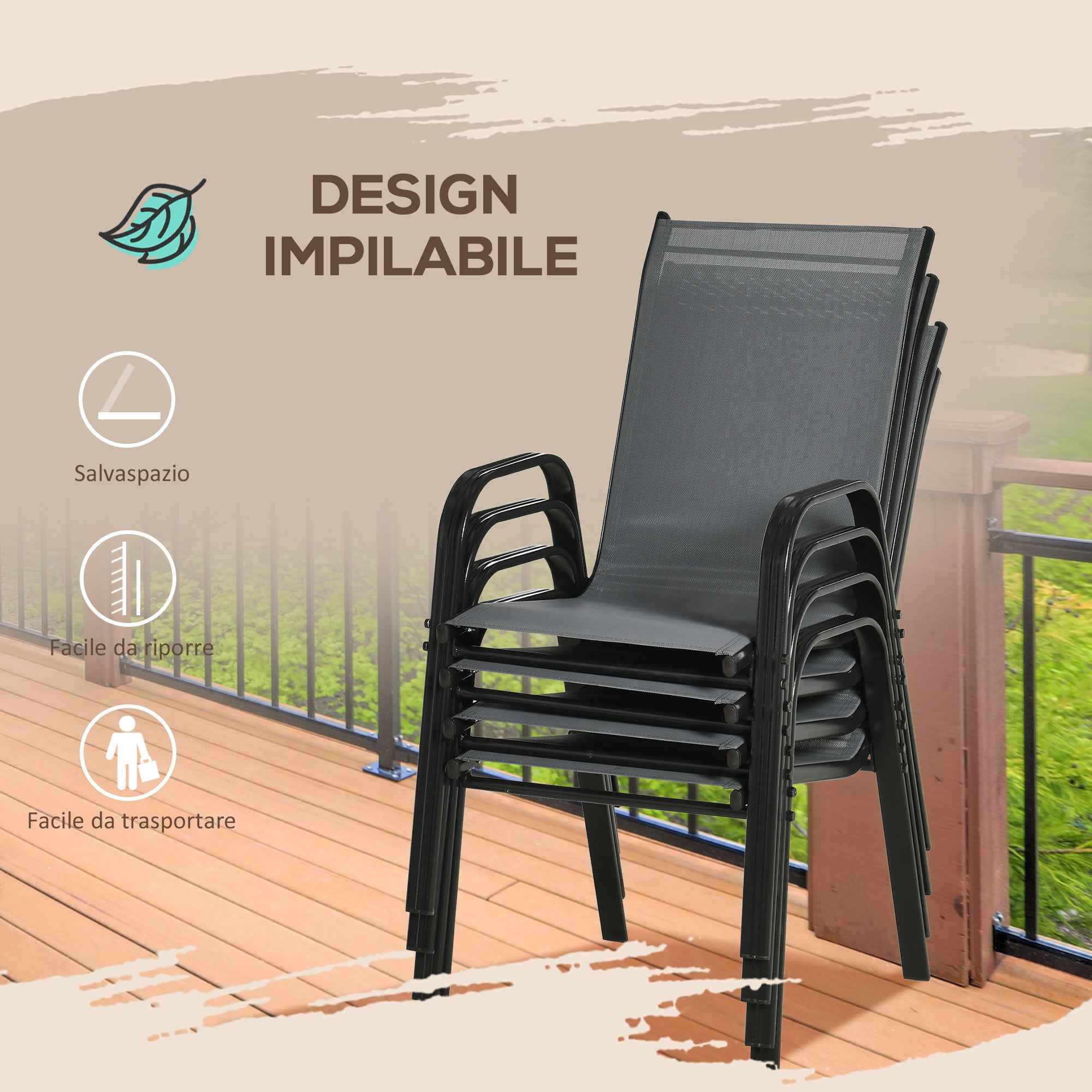 Outsunny Set of 4 Stackable Space-Saving Garden Chairs with Metal Armrests and Mesh Fabric, Grey