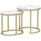 Set of 2 Coffee Tables with Marble Effect Top, in Wood and Steel, Ø50x50.5 cm and 60x36x43.5 cm, White