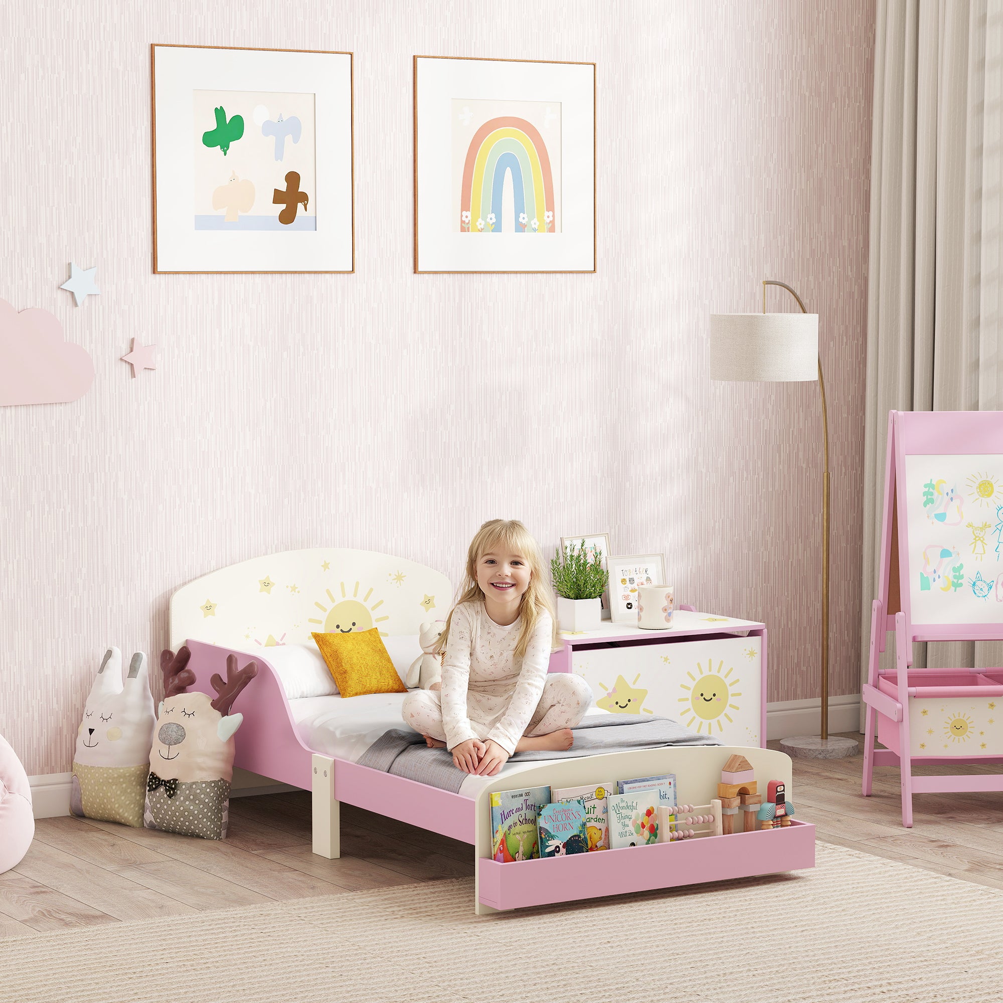Children's Bed for 3-8 Years Old, Low, Wooden, with Storage Space and Side Rails, 150x77x60 cm, Pink