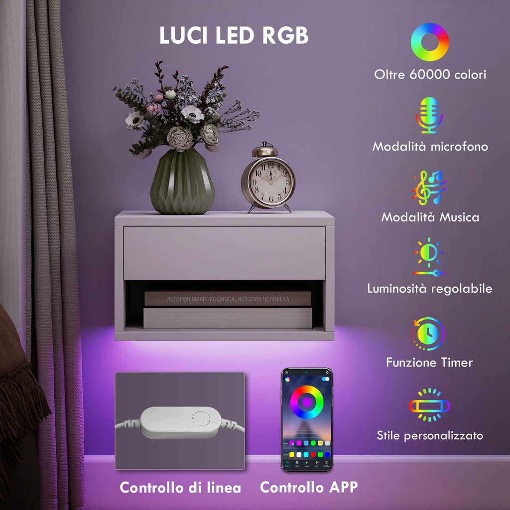 HOMCOM Set of 2 Wall-Mounted Bedside Tables with Built-in RGB LED Lights and APP Control, Drawer and Shelf, 37x32x21 cm, White