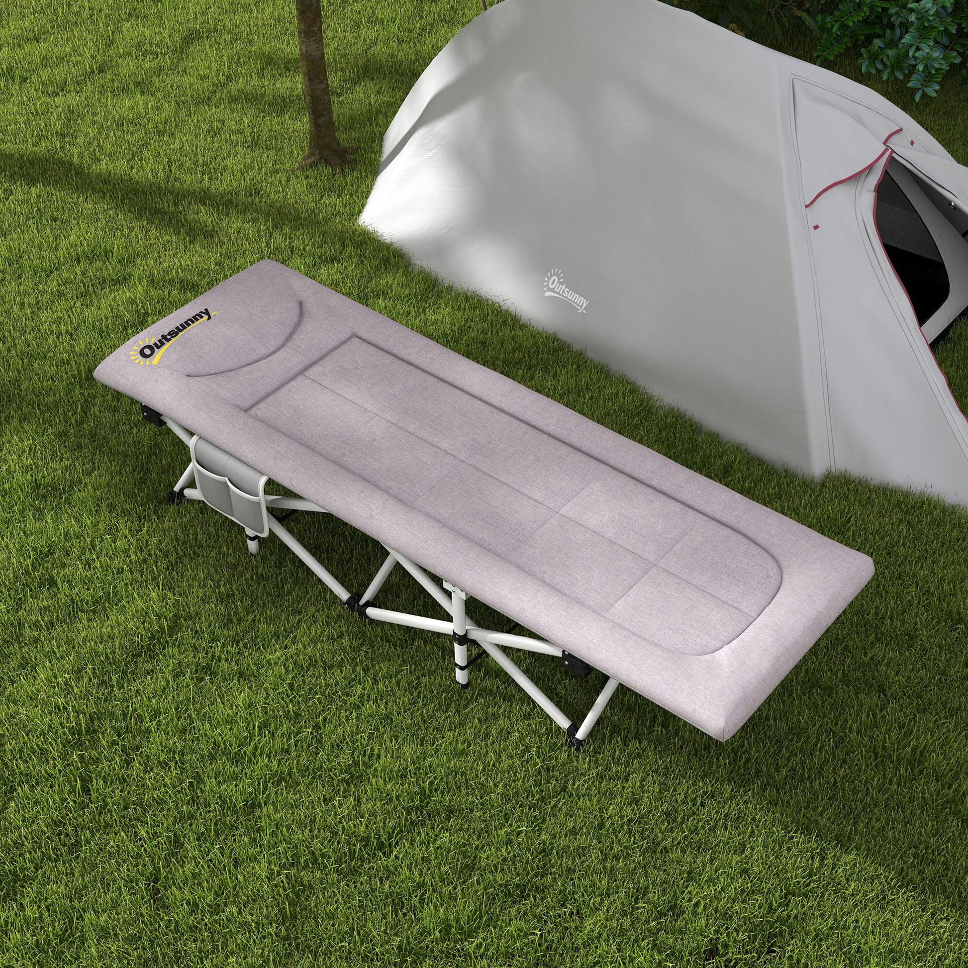 Outsunny Camping Bed with Headrest and Pocket, in Steel and Oxford Fabric, 200x65x42 cm, Gray - Borgè