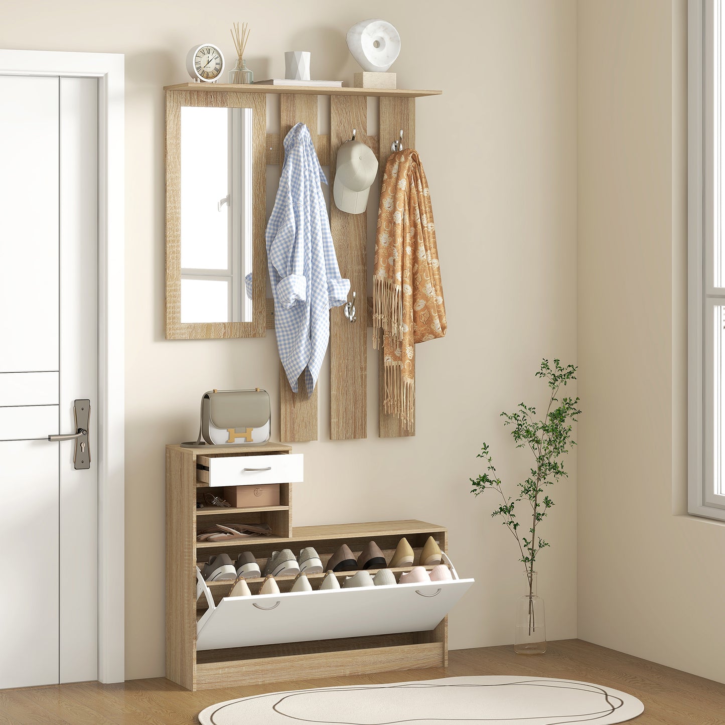 TWENTY | Coat Stand 3 in 1 with Shoe Rack and Mirror, Hooks and Drawers, in Wood, 90x24x177 cm, White and Oak