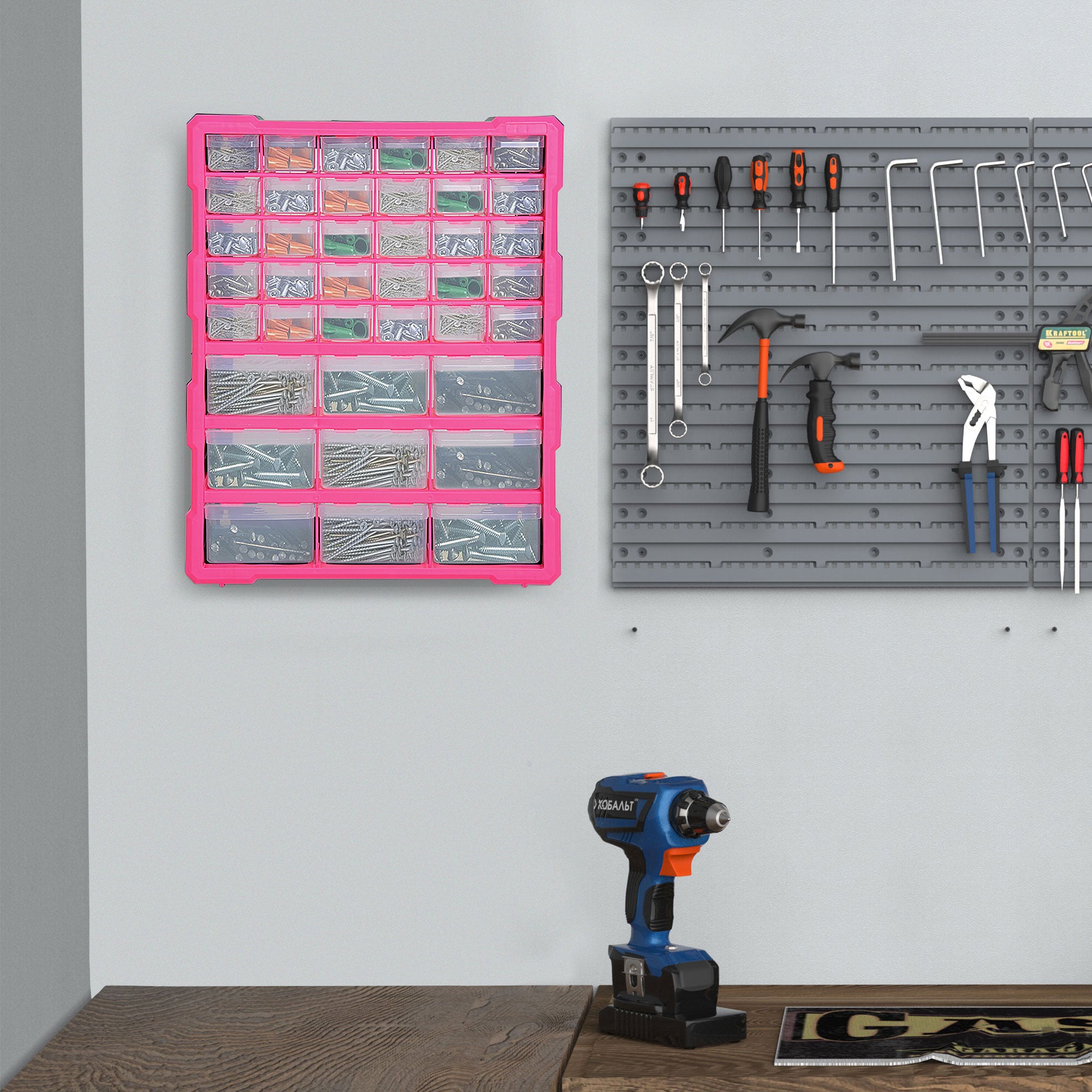 Plastic Drawer Cabinet for Small Parts with 39 Transparent Drawers, Wall or Floor Mounting 38x16x47.5cm Pink