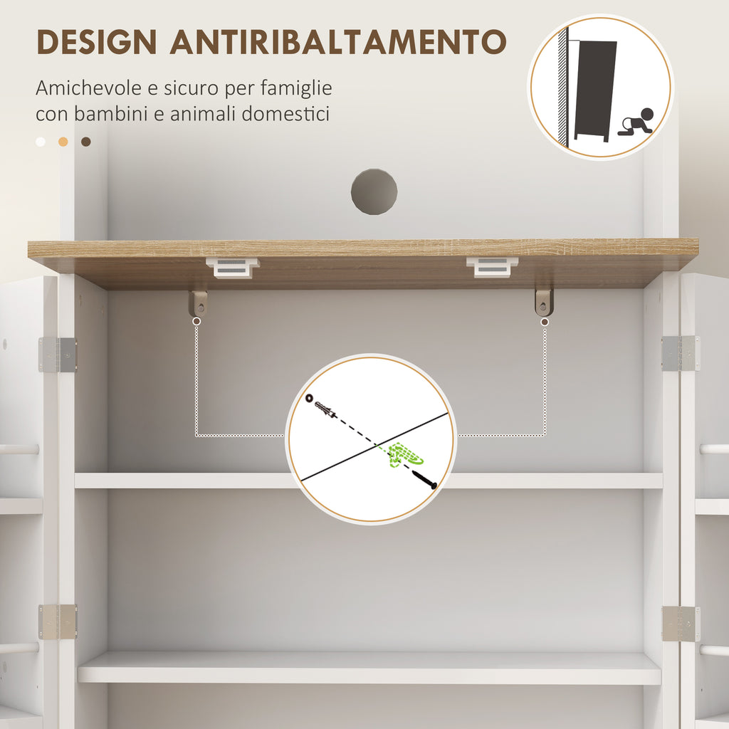 Kitchen Pantry Microwave Stand with Open Shelves and Cabinet with Spice Rack, 60x35x169 cm, White